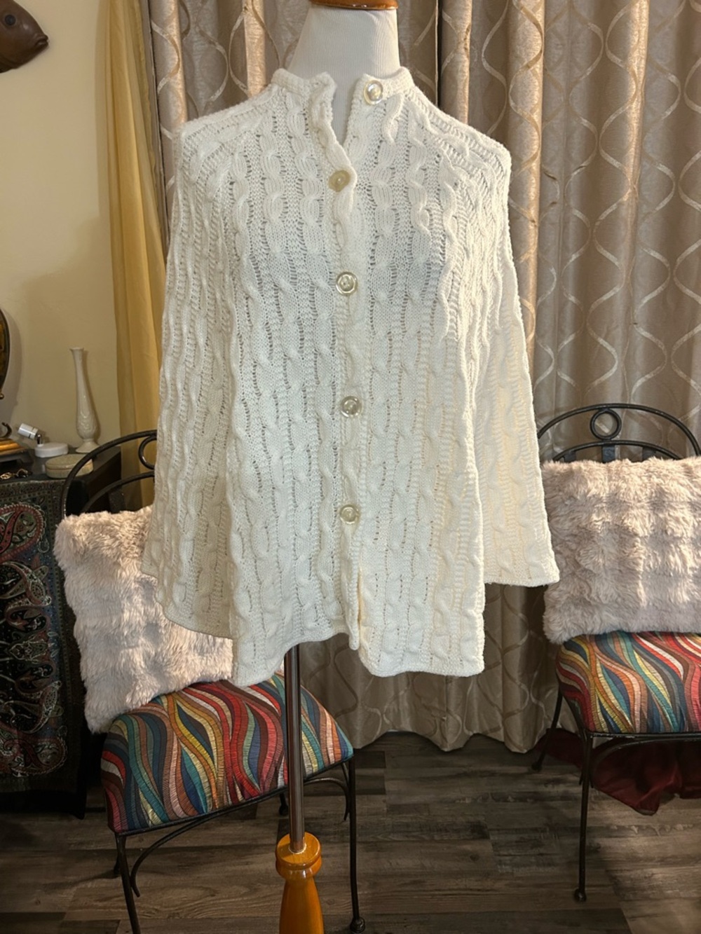 Cozy Cream Cable-Knit Button-Front Poncho Sweater